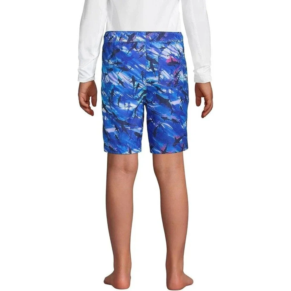 Lands' End Boys Large Cool Sharks Swim Trunks Drawstring Pocket Mesh Lined NWT